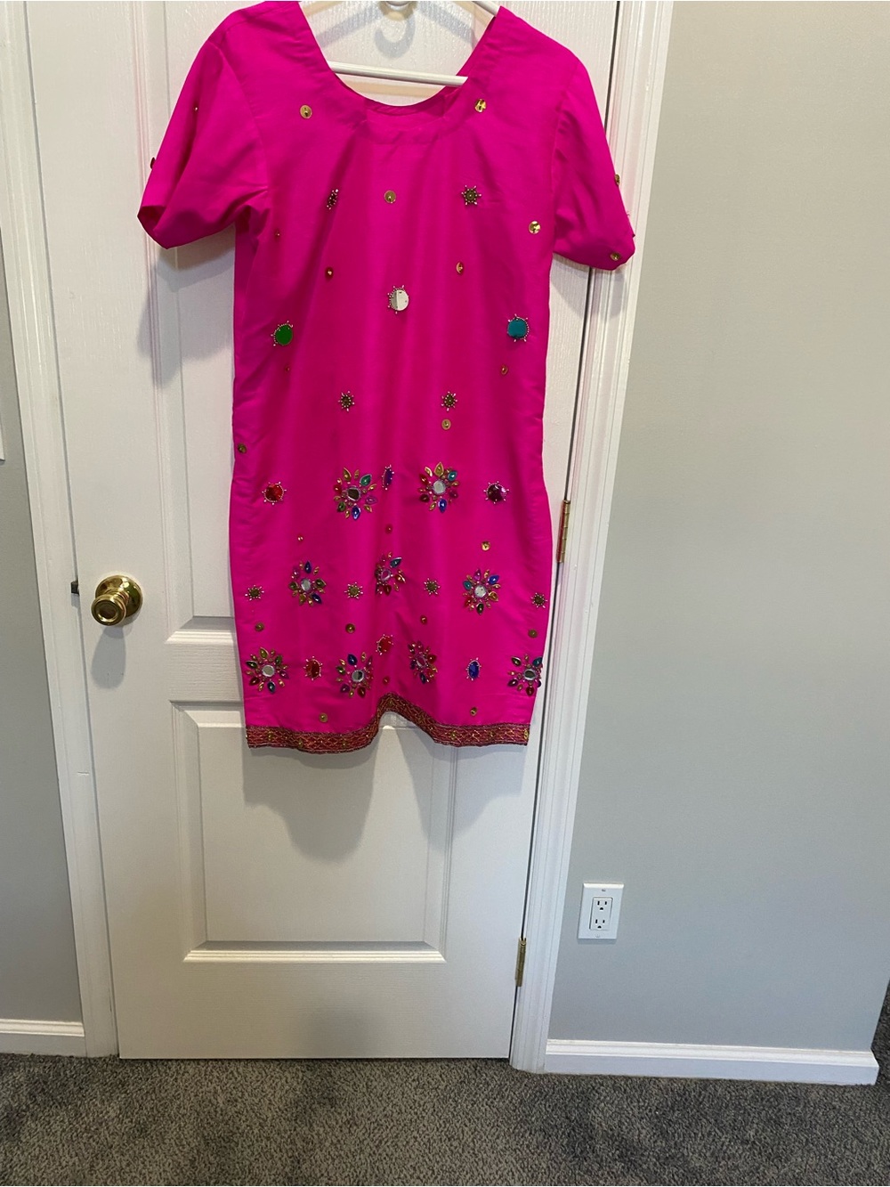 Bright Fuchsia Embellished Short-Sleeve Dress